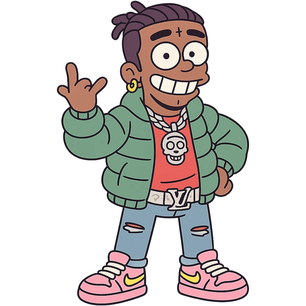 cartoon style Lil Uzi Vert wearing flashy streetwear, confident pose, bright background emoji