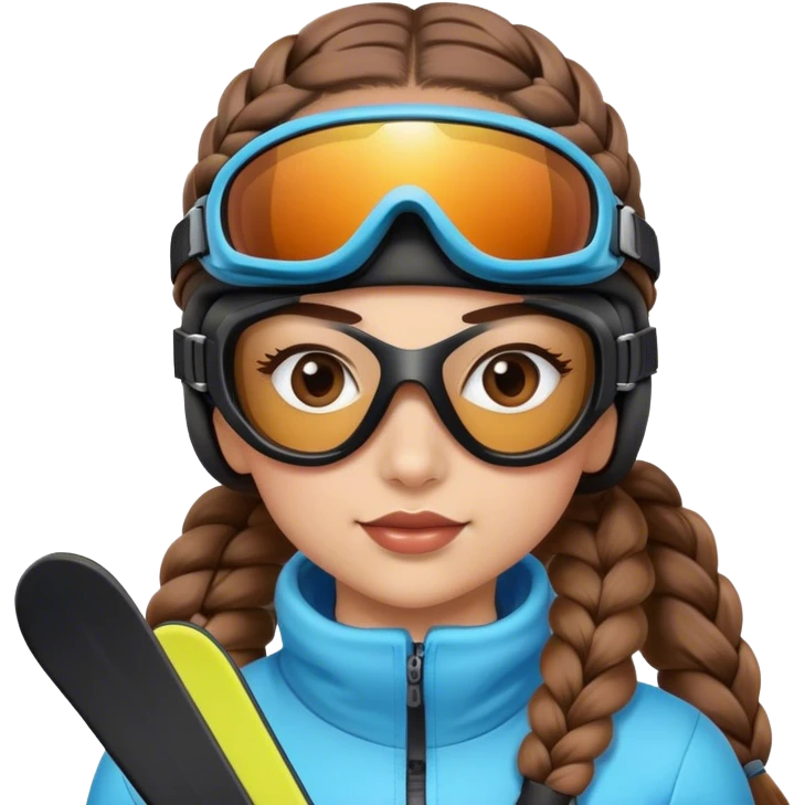 Girl with 2 braids, brown hair, skiing, wearing ski goggles, light tan skin emoji