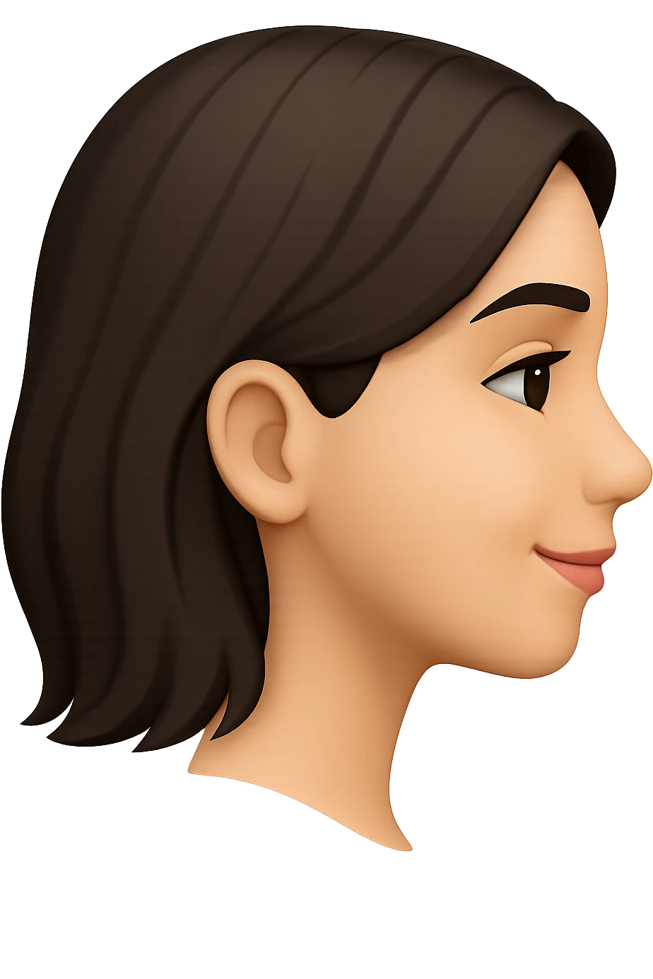 Create a side profile view of this girl's head in Apple emoji style with a gentle smile, 3D look, and soft shading on a transparent background. Maintain the Apple emoji style characteristics with a 3D appearance and soft shading. emoji