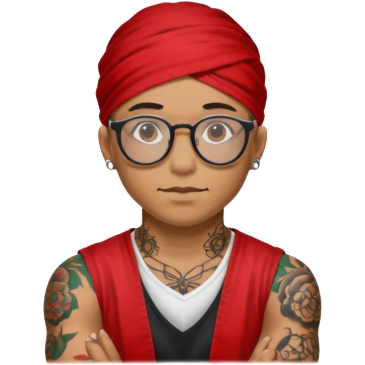 character with bandana and glasses and tattoed emoji