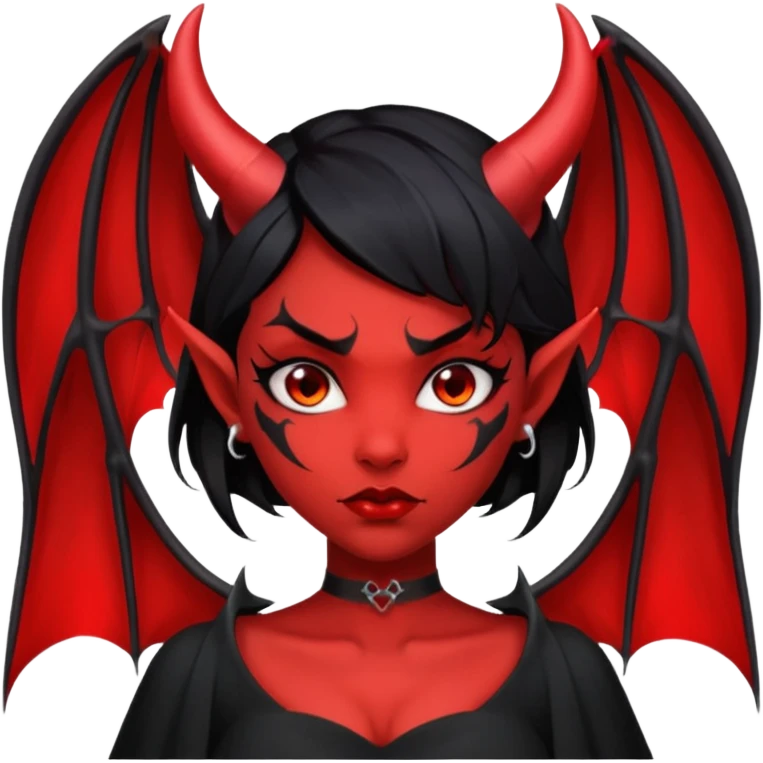 Demon girl, entire skin solid red, black hair, horns, bat wing, black dress, tattoo-flash comic. emoji