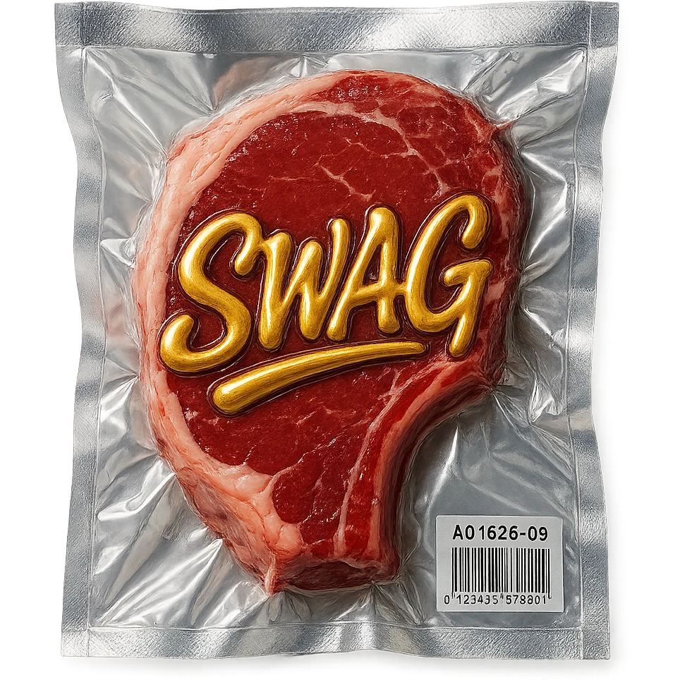 steak with gold script 'SWAG' written across, glossy and puffy, vacuum-sealed style emoji