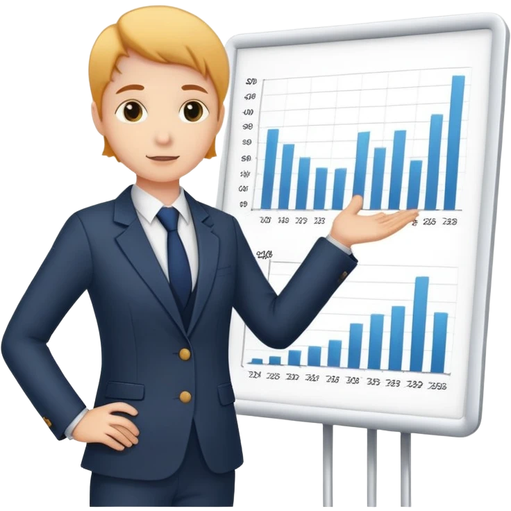 person presenting in front of a simple chart or graph, wearing a blazer and a confident posture emoji