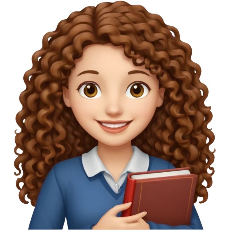 Long Hair Women with Book, Brown curly hair, happy

 emoji