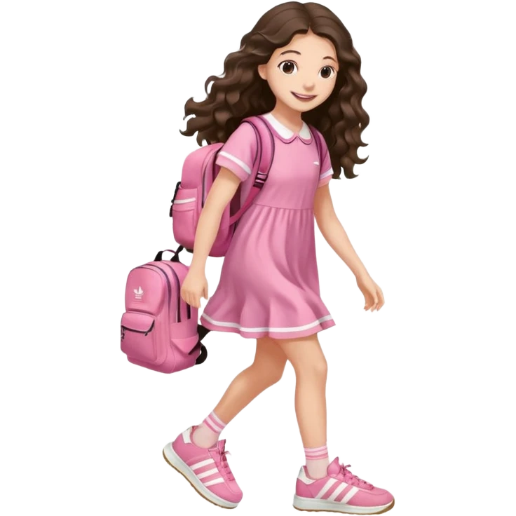 aestethic brunette very,very,very long wavy hair walking with a school backpack (no brand) with a cute pink dress, adidas samba shoes emoji