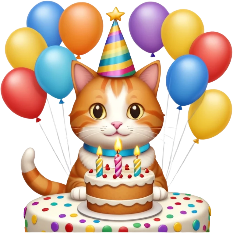 Ginger cat celebrates birthday, birthday hat, birthday cake, balloons, happy, gifts emoji