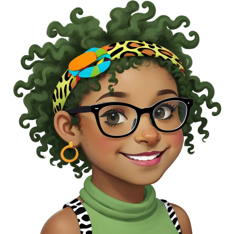 Black girl with animal print glasses and curly hair emoji