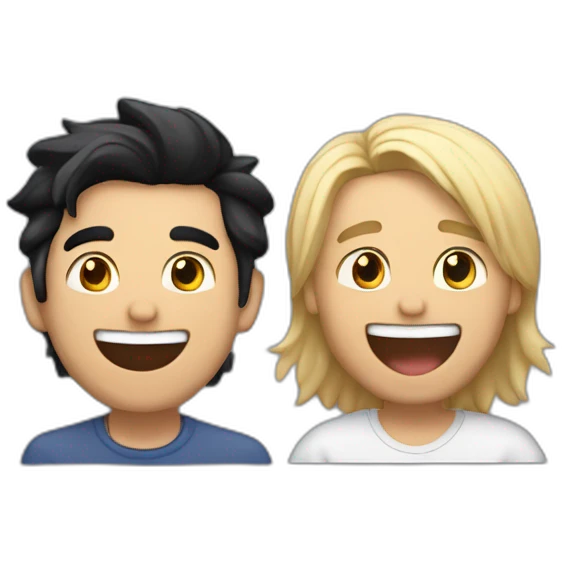 Gay couple, 1 guy Latino black straight hair and 1 Australian white guy with blonde slightly curly hair laughing full body and a cat as a pet emoji