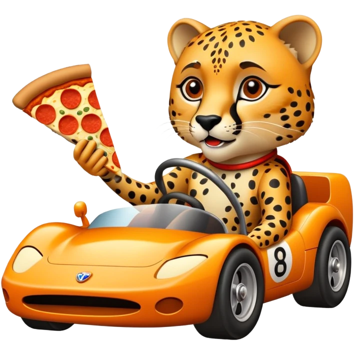 A cheetah in a race car eating a slice of pizza emoji