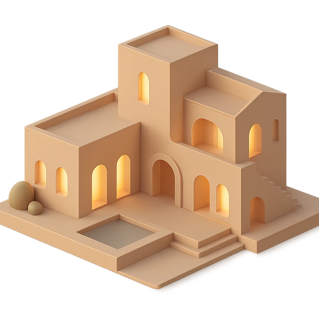 Mediterranean villa in 3D black style without black color, using warm earth tones emoji