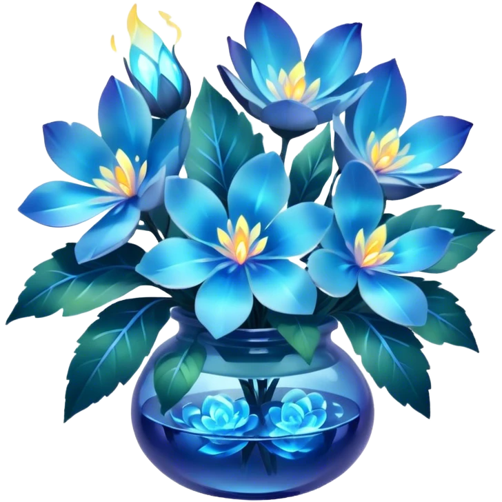 "A magical blue floral arrangement with glowing petals and leaves."
 emoji
