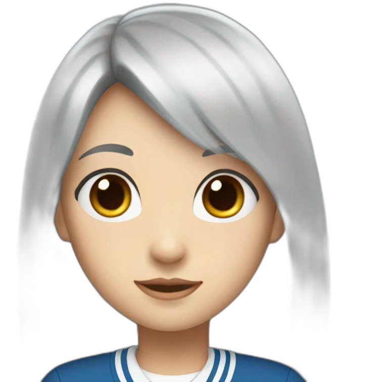 girl with long black hair, thick bangs, blue eyes, red school uniform emoji