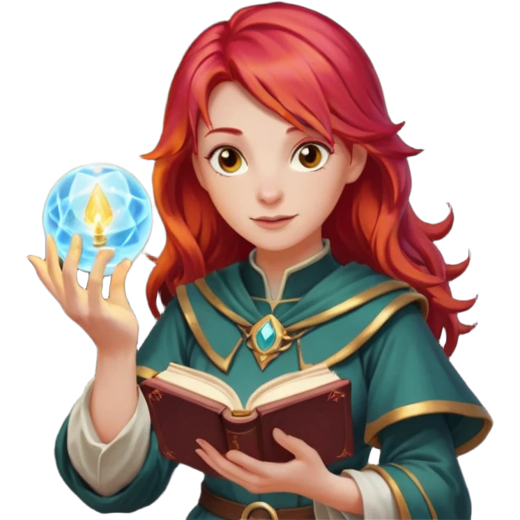 female dnd cleric with red hair holding a magic book in one hand and having a ball of light in the other emoji