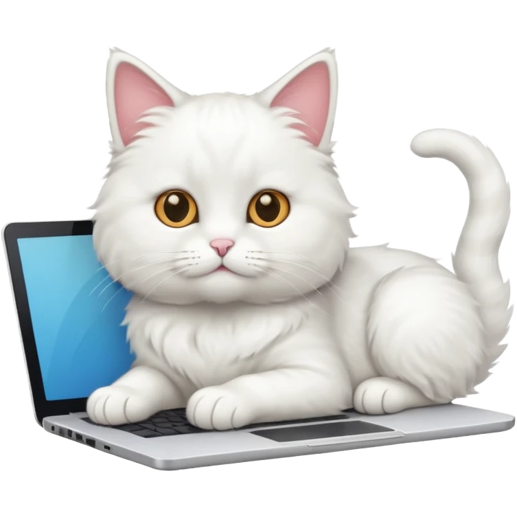 white cat laying on a bed, using a laptop, minimal details emoji