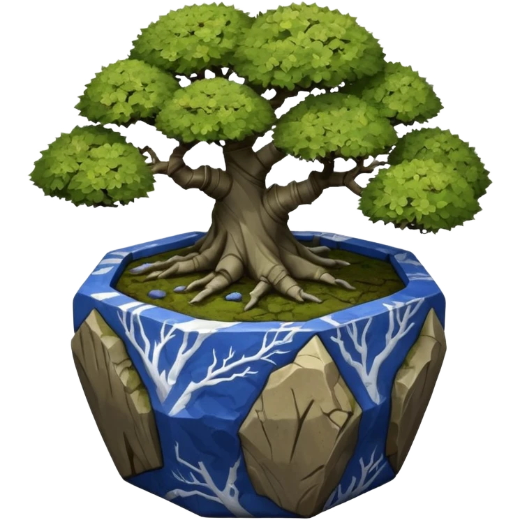American very old broken cracked intricate Stone Age rocky-crusted dodecahedron-shaped shallow dark moss rough bark blue willow flowered maple tree bonsai pot emoji