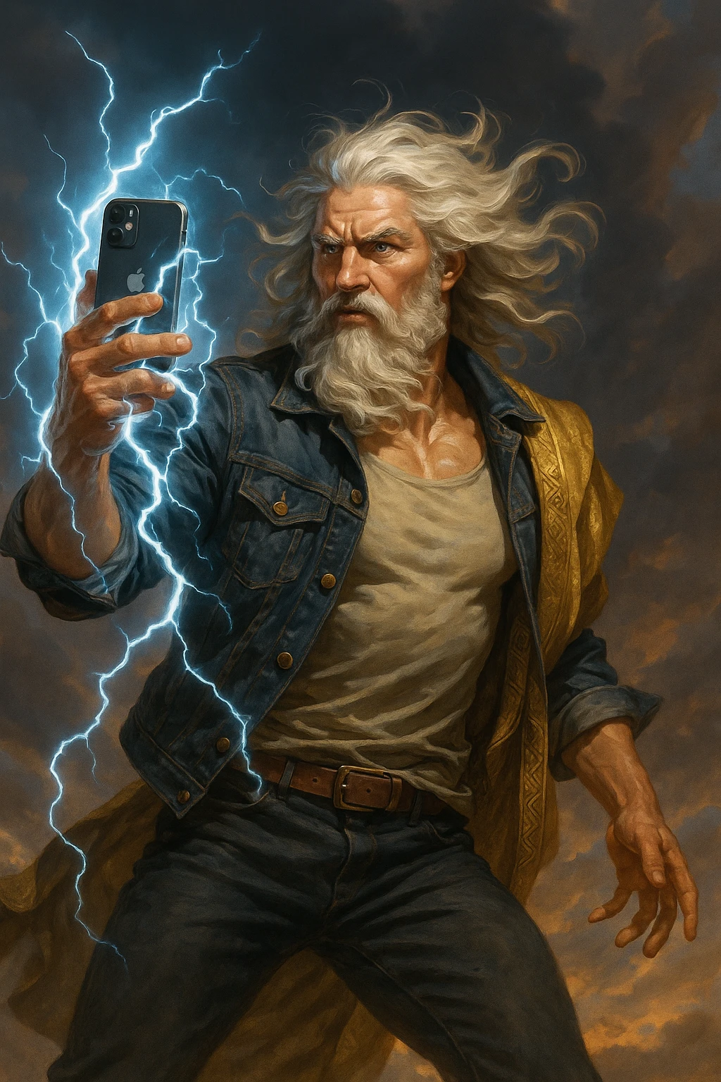 Modern Zeus with lightning and an iPhone, dynamic pose emoji