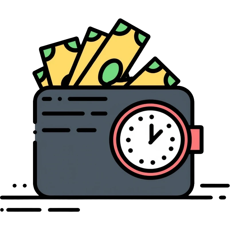 black wallet with dollars inside and a small clock in top right corner positioned above the wallet emoji