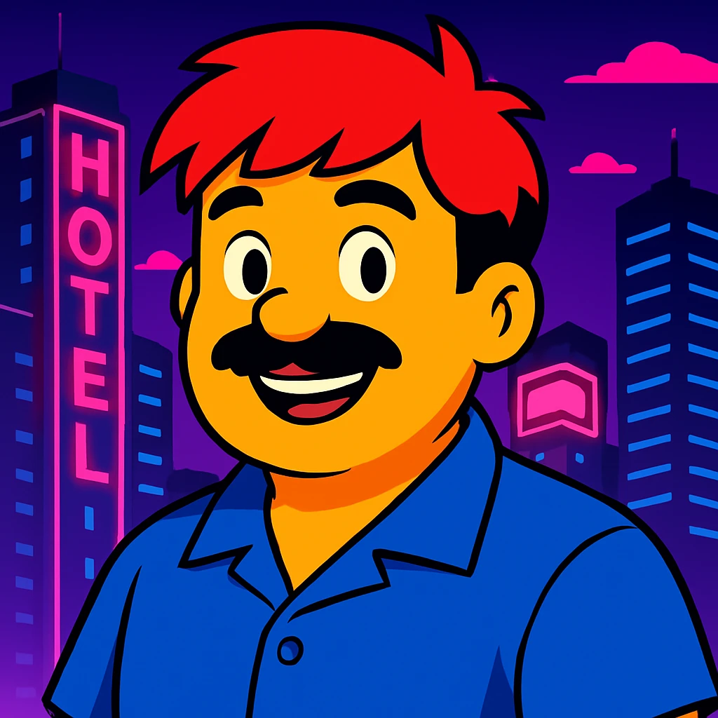 Make the face a bit rounder and add a smile, keep the vibrant toon style, neon city background, and all original colors and lighting emoji