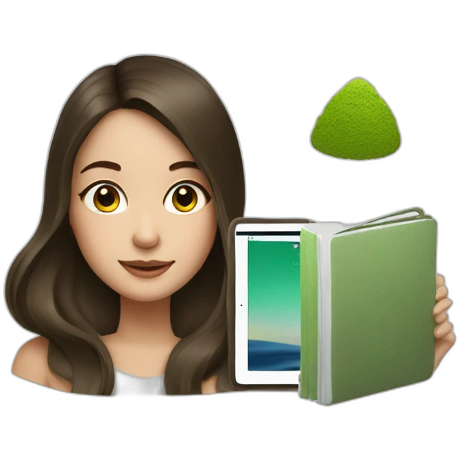 girl brunette with matcha and ipad emoji