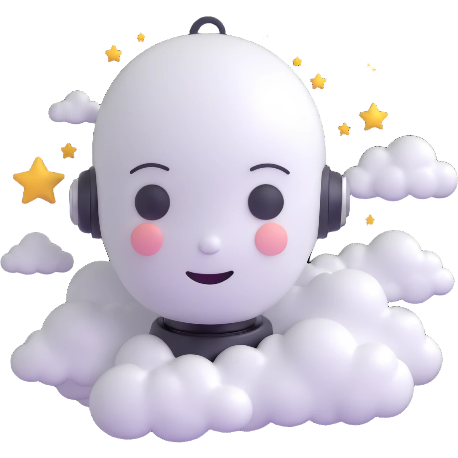 minimalist 3D cartoon-style icon of a peaceful robot head with eyes closed, gentle smile, clouds and stars around the head, simple clean lines emoji
