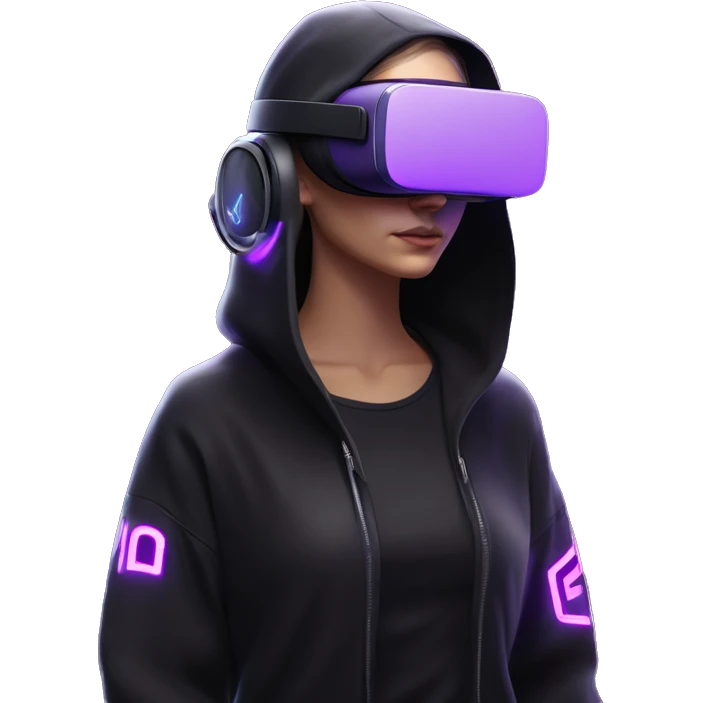 Russian girl wearing black hoody with violet letters "OMG", in vr headset oculus quest2. Standing like jedi. Cyberpunk style. Violet neon. emoji