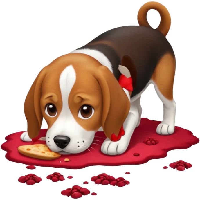 beagle eats red food scattered on the floor emoji