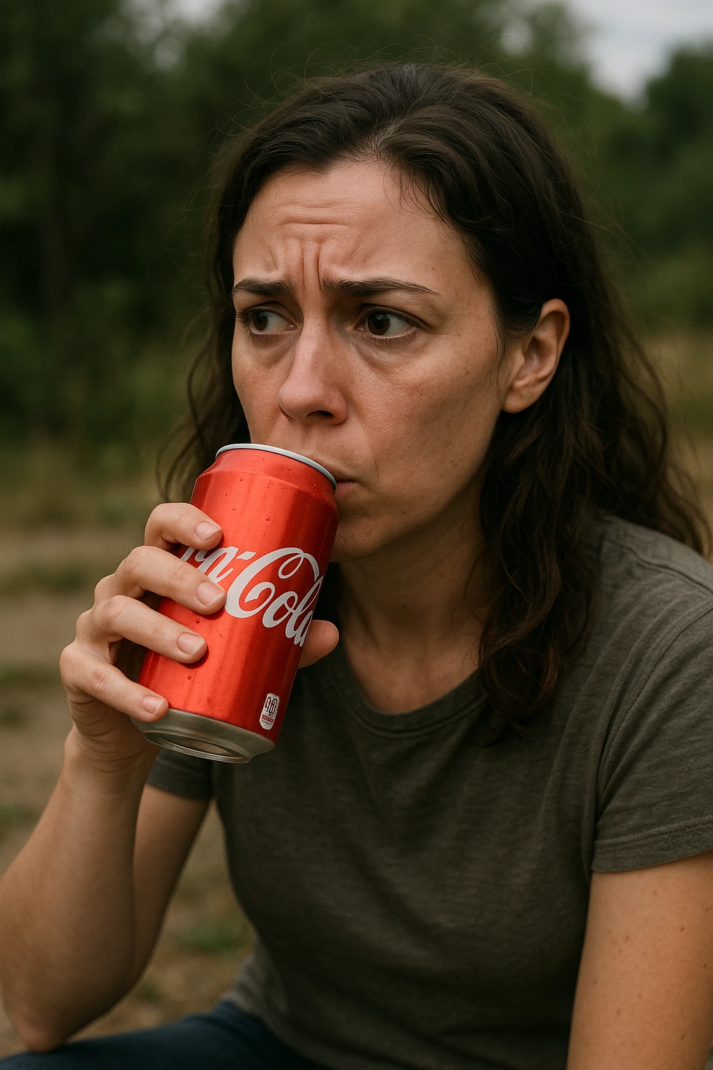 donna con ansia. Che beve coca cola. Immagini realistiche emoji