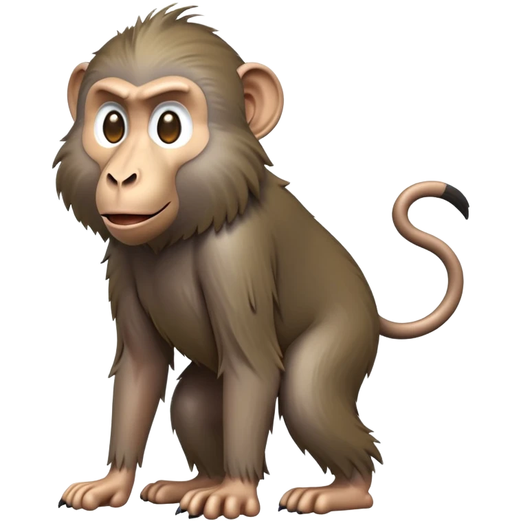 cinematic-hairy baboon-full-body-standing on all fours-emoji,-head-tilted-dramatically,-thick-grey-and-brown-fur,-simplified-yet-realistic-focused-features,-highly-detailed,-glowing-with-an-almost-sarcastic-glow expressive eyes, his top half covered in hair emoji