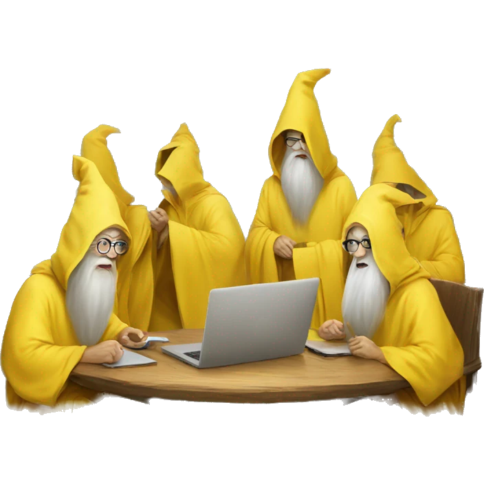 group of gandalfs, round yellow table, yellow clothes, glasses, macbooks emoji