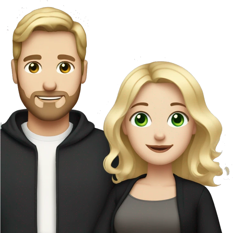 Pregnant blonde with a wavy bob and green eyes with brown haired husband with blue eyes and a light beard both wearing black clothes emoji