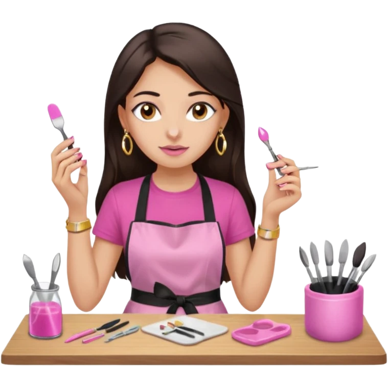 Fille cheveux long châtain foncé, peau beige type européen yeux marron, teeshirt rose avec un tablier noir, piercing au nez anneau doré, boucle d’oreille type diamant doré. Elle fait les ongles nail artiste emoji