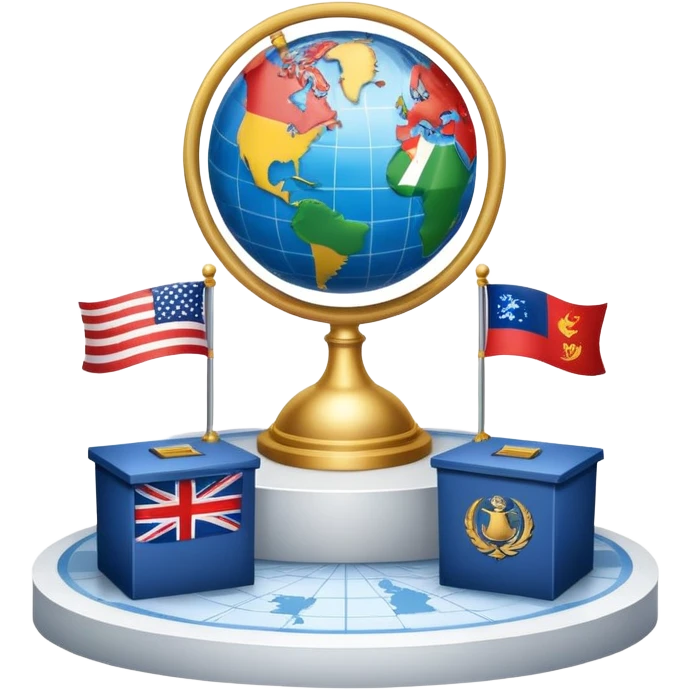 An icon featuring a podium with a speaker, national flags, and voting ballots, symbolizing political science. The design includes a globe and scales of justice in the background, representing governance, global affairs, and political theory. Transparent background emphasizes civic engagement emoji