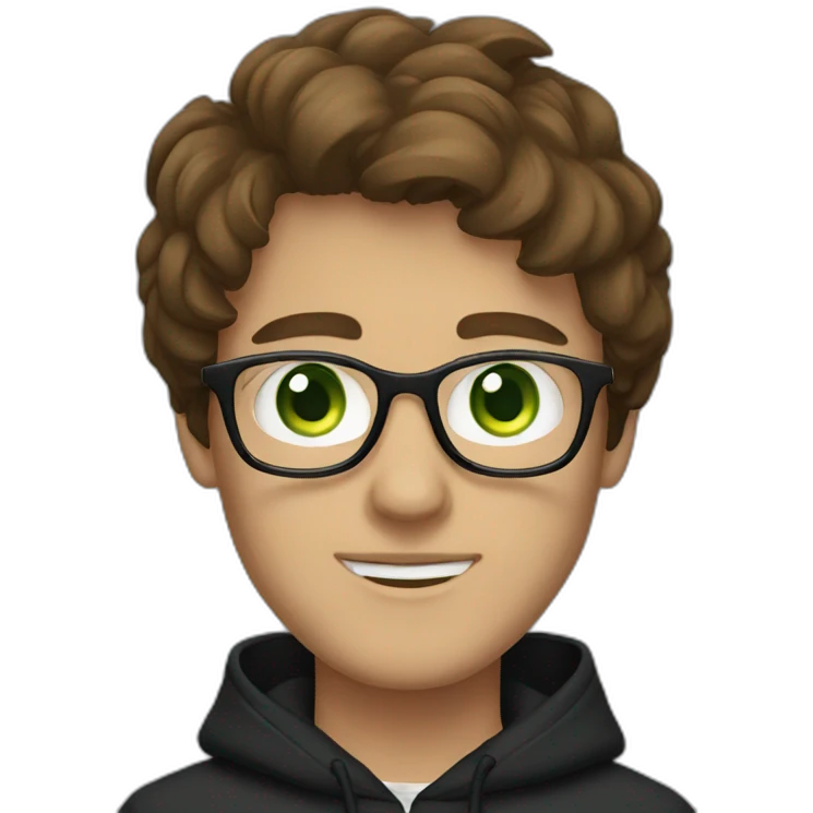 brown hair, glasses, green eyes, macbook, men, black hoodie, emoji