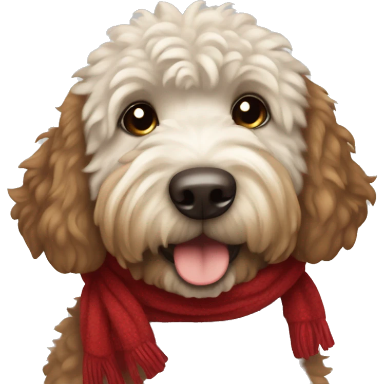 A dark brown and white furry golden doodle in a red scarf emoji