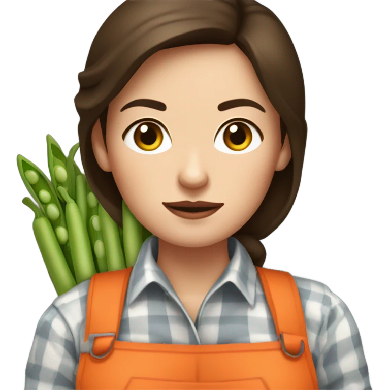 farmer brunette white woman with bunch of peas and carrots in her hands from the garden with gloves on, frowning emoji