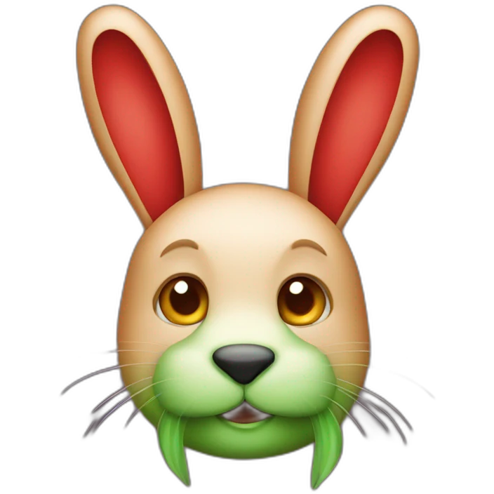 a red rabbit with green ears and a big nose emoji