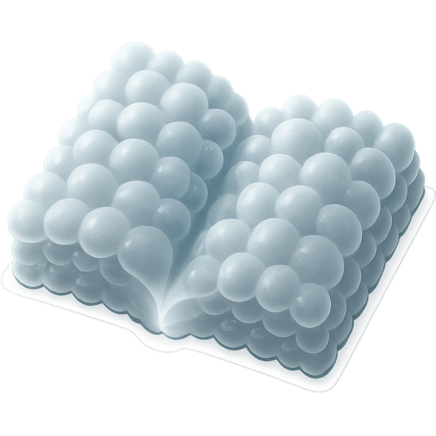 top view of a thick open book made entirely of small, very bright white fluffy convex clouds, matte glass style emoji