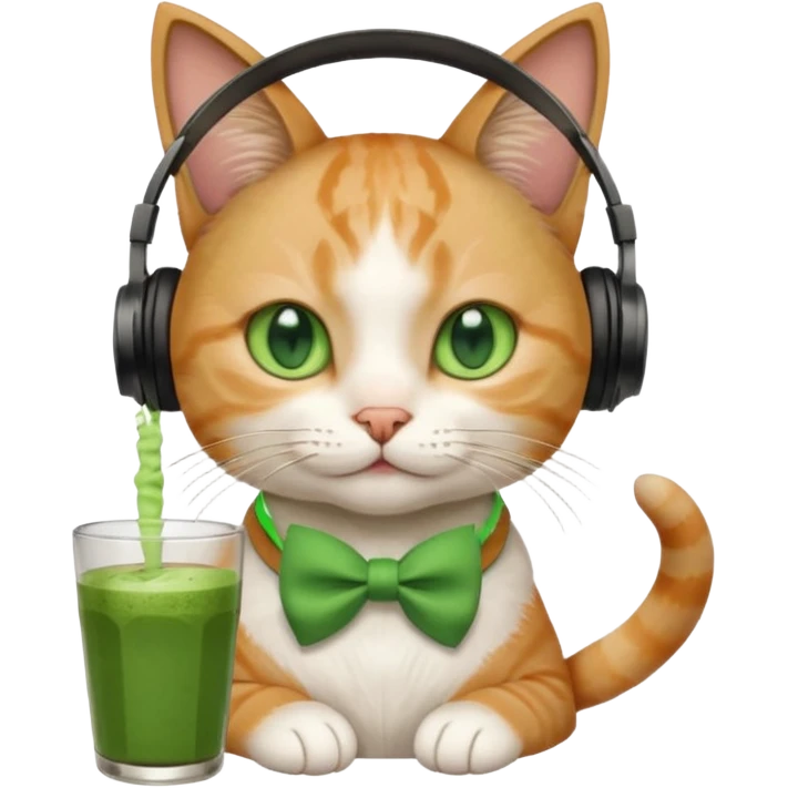 A cat wearing headphones with a glass of matcha, a bow on his ear emoji