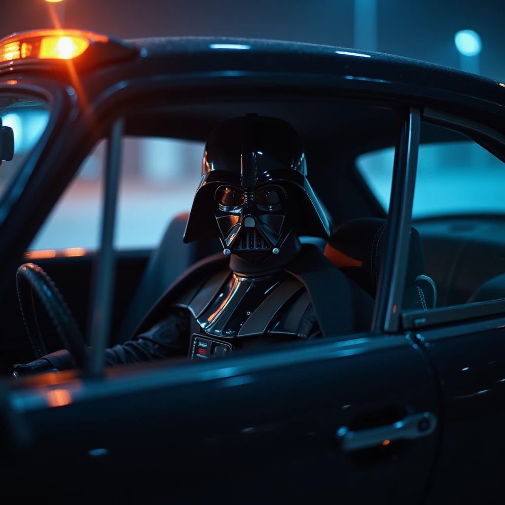 Cinematic shot of a Darth vader sitting in porsche 911, blue and orange lights  emoji