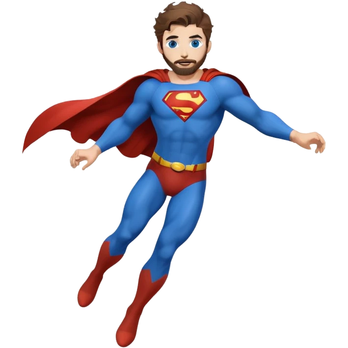 flying superman，full body, blue eyes, redish brownish messy hair, trimmed facial hair emoji