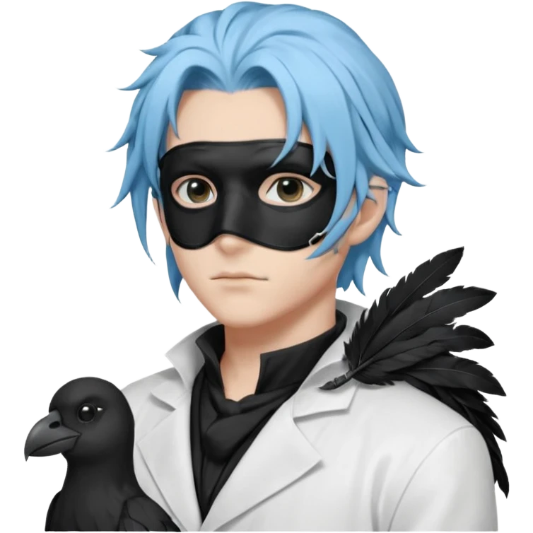 Handsome sexy adult anime man with light-blue hair and a black bird beak mask that covers whole face, black face mask, black mouth mask, black feathers draped over shoulder, wearing a white lab coat, long thin hair tendrils on the sides emoji