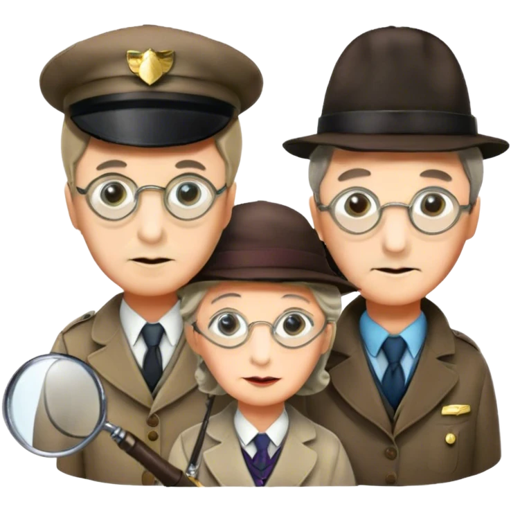 Icon for Detective Movies: A colorful collage with Sherlock Holmes, Miss Marple, and Pinkerton. Include magnifying glasses, clues, detective tools, a criminal and a policeman in the background. The design should evoke mystery and intrigue, with a classic detective movie feel. Transparent background. emoji