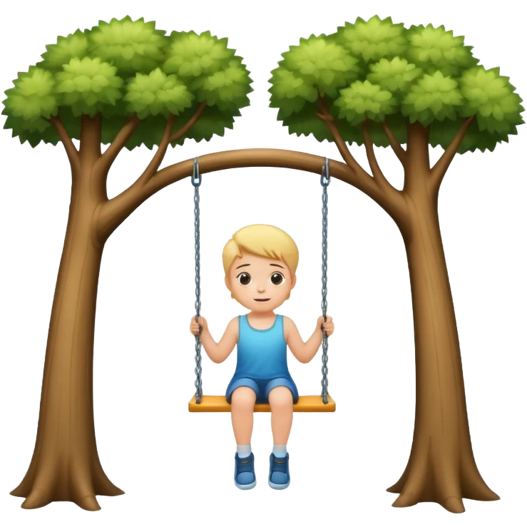 child on a swing set between two tall trees emoji