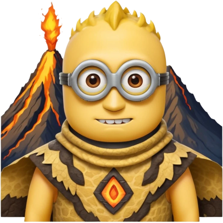 a minion wearing ancient animal skin cloth with volcano behind, half body, icon emoji
