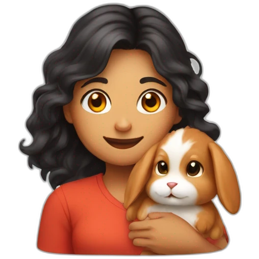 woman with brown neyes and long wavy black hair in a red shirt is holding a very fluffy orange rabbit emoji
