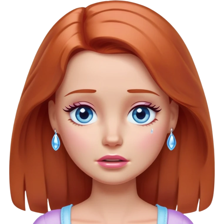 Barbie girl Chestnut-red Shoulder-length hair and blue eyes is In pale purple crying with tears  emoji