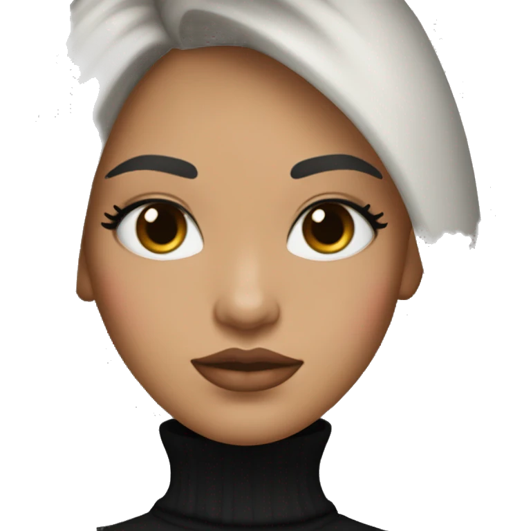 White tan women with strait black hair with long curtain bangs and long eyelashes brown eyes and pink cheeks with pink lips and black brown eyebrows wearing a black turtleneck emoji