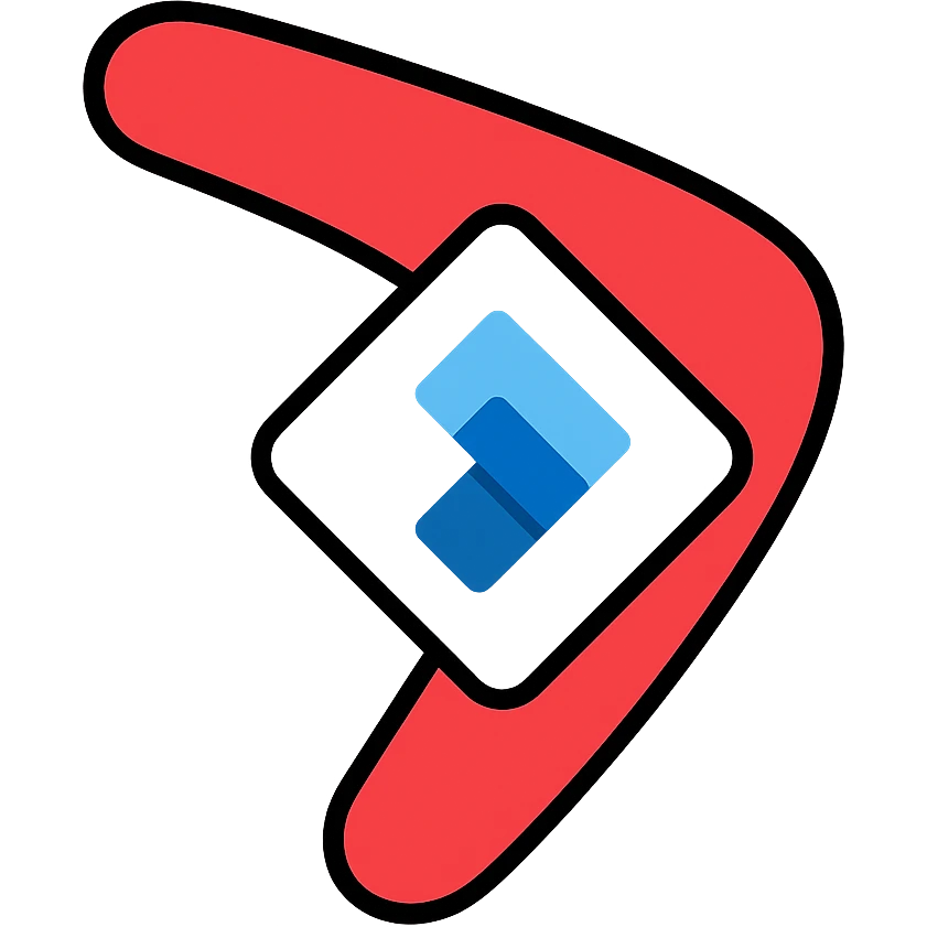 boomerang icon with Power Pages logo in the center, playful, red and white, outlined color style emoji