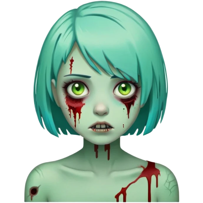 cartoon zombie girl with short turquoise hair bob cut, green decaying skin, bloody scars emoji