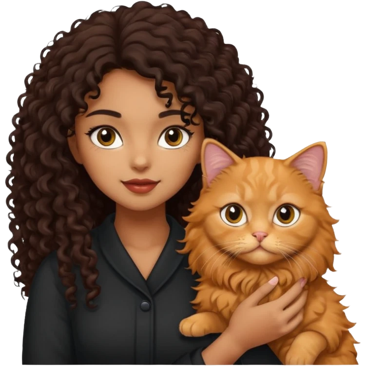 a brown/tan girl with black curly hair holding a ginger Persian cat with long fur emoji
